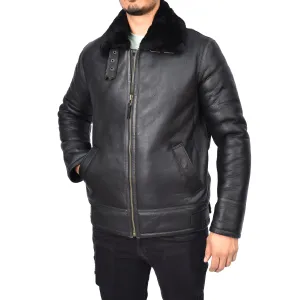 Men's Top Gun Style Real Sheepskin Jacket Black Jannick