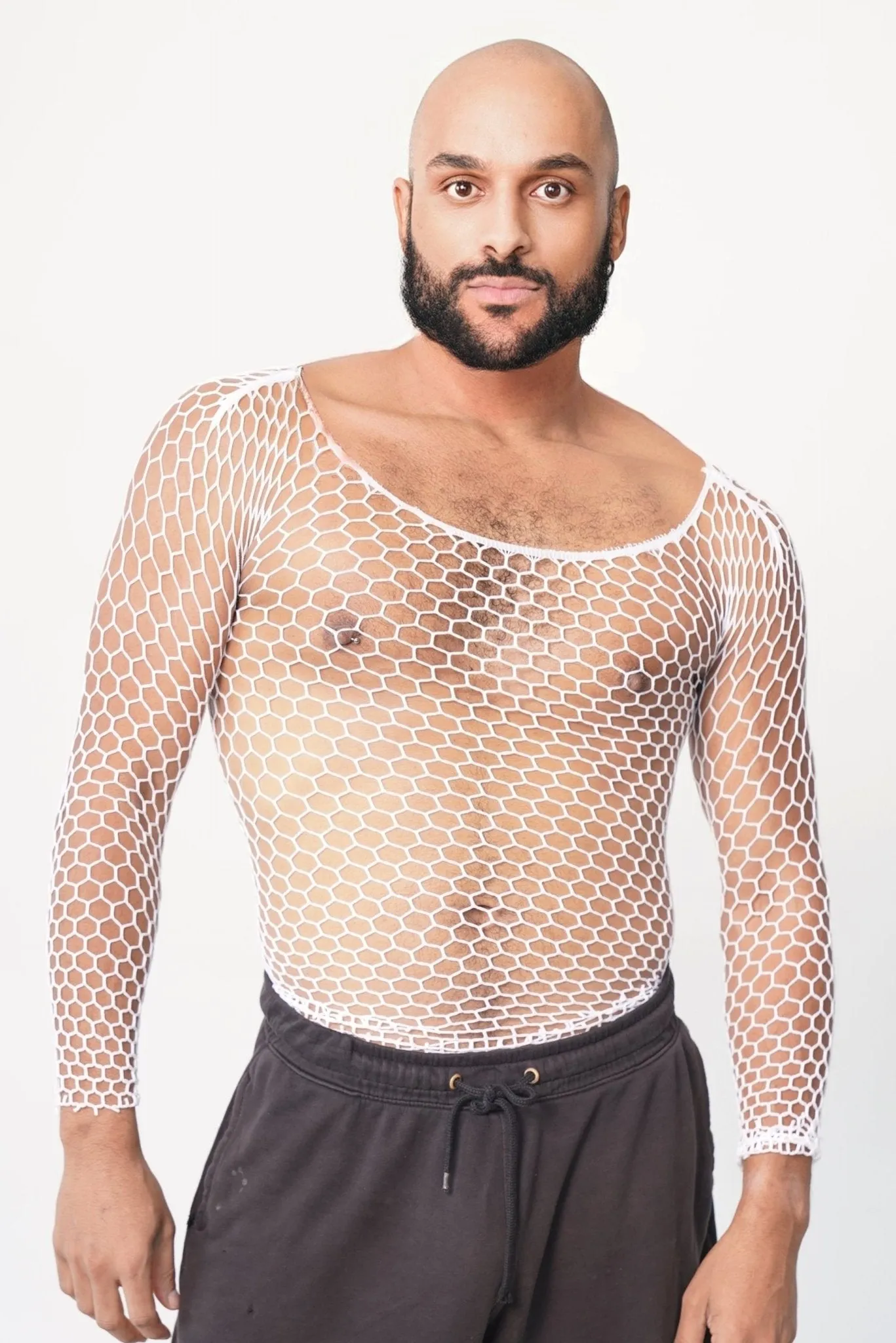 Men's White Mesh Fishnet Long Sleeve Body Sock See-through Shirt Top