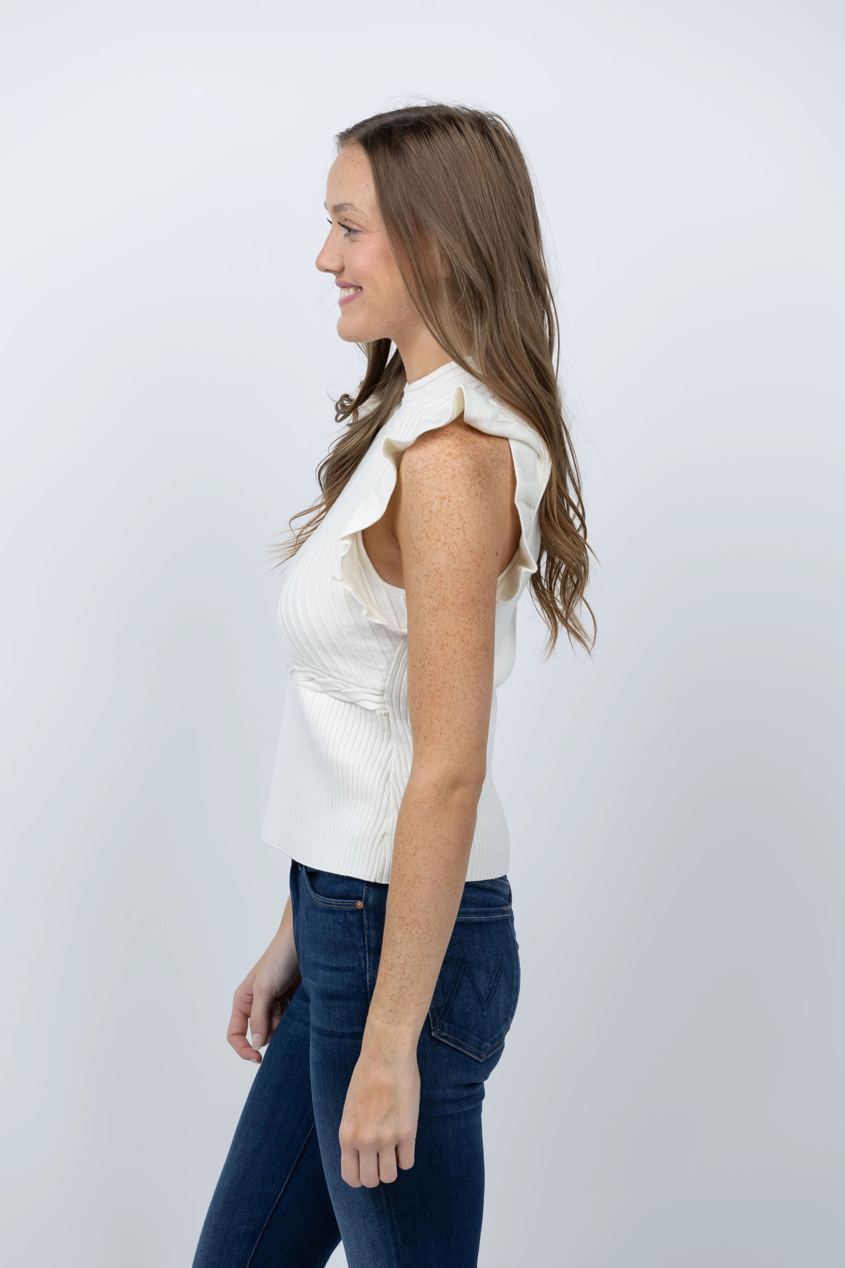 Milly Kamila Flutter Sleeve Knit Top in Ecru