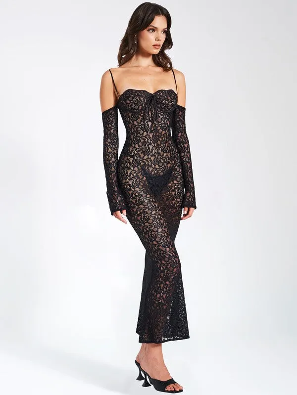 Miss. Circle Udaya Black Lace Long Sleeve Maxi Dress