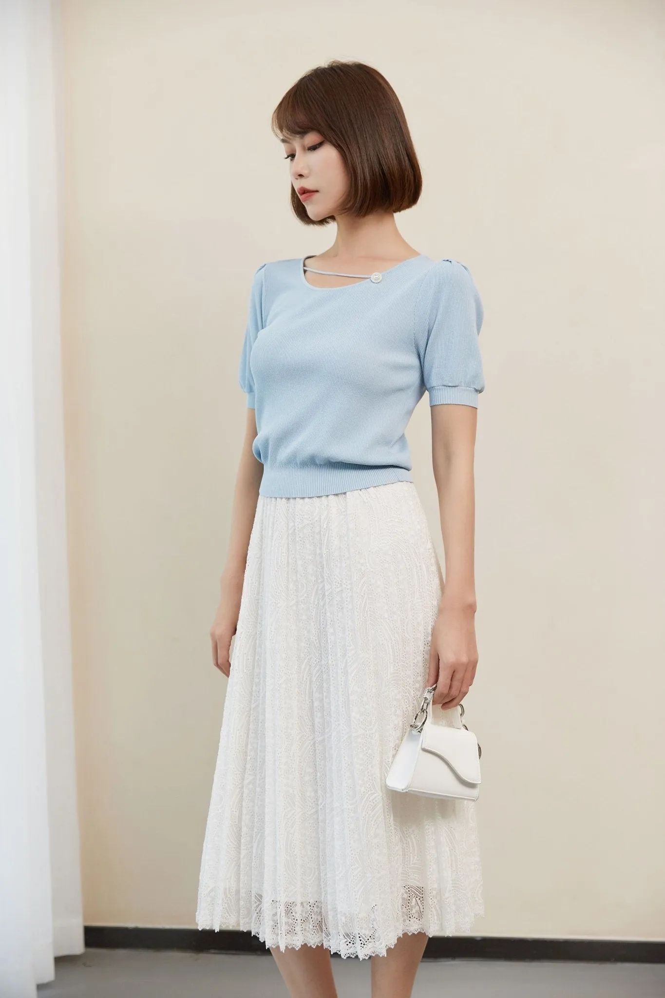 Mist Blue Crop T-shirt Pearl Button