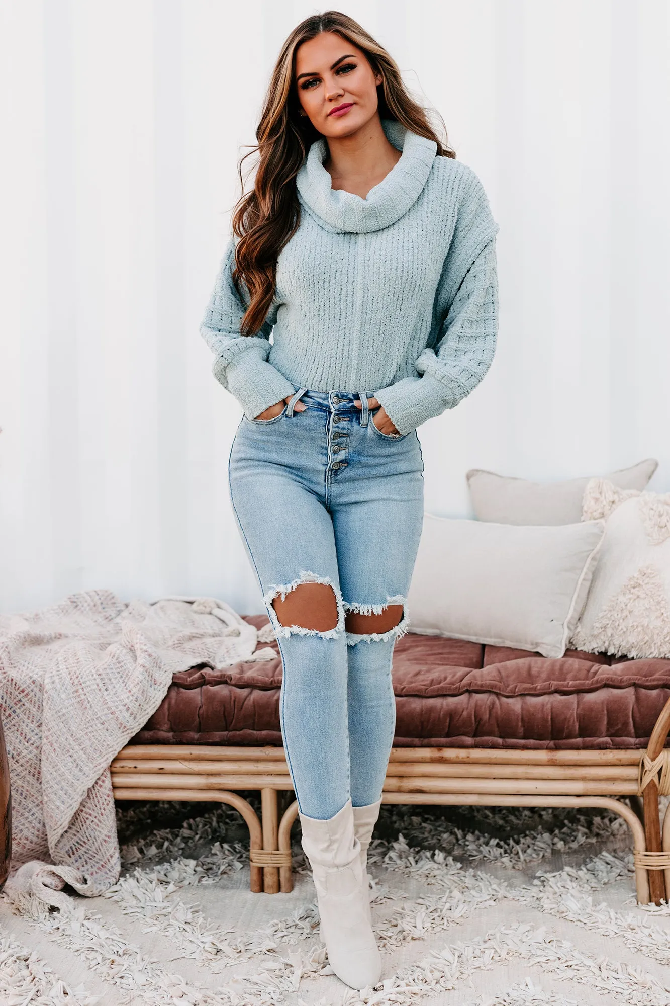 Moray Chenille Cowl Neck Sweater (Sea Foam)