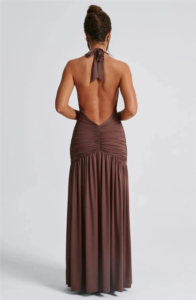Mozision Halter Deep V Neck Backless Maxi Dress For Women Fashion Solid Sleeveless Thigh High Split Sexy Long Dress Elegant