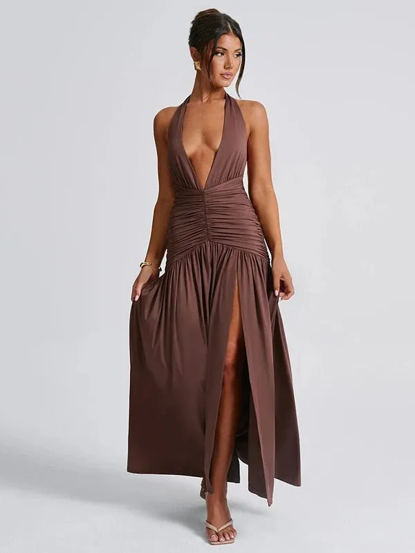 Mozision Halter Deep V Neck Backless Maxi Dress For Women Fashion Solid Sleeveless Thigh High Split Sexy Long Dress Elegant