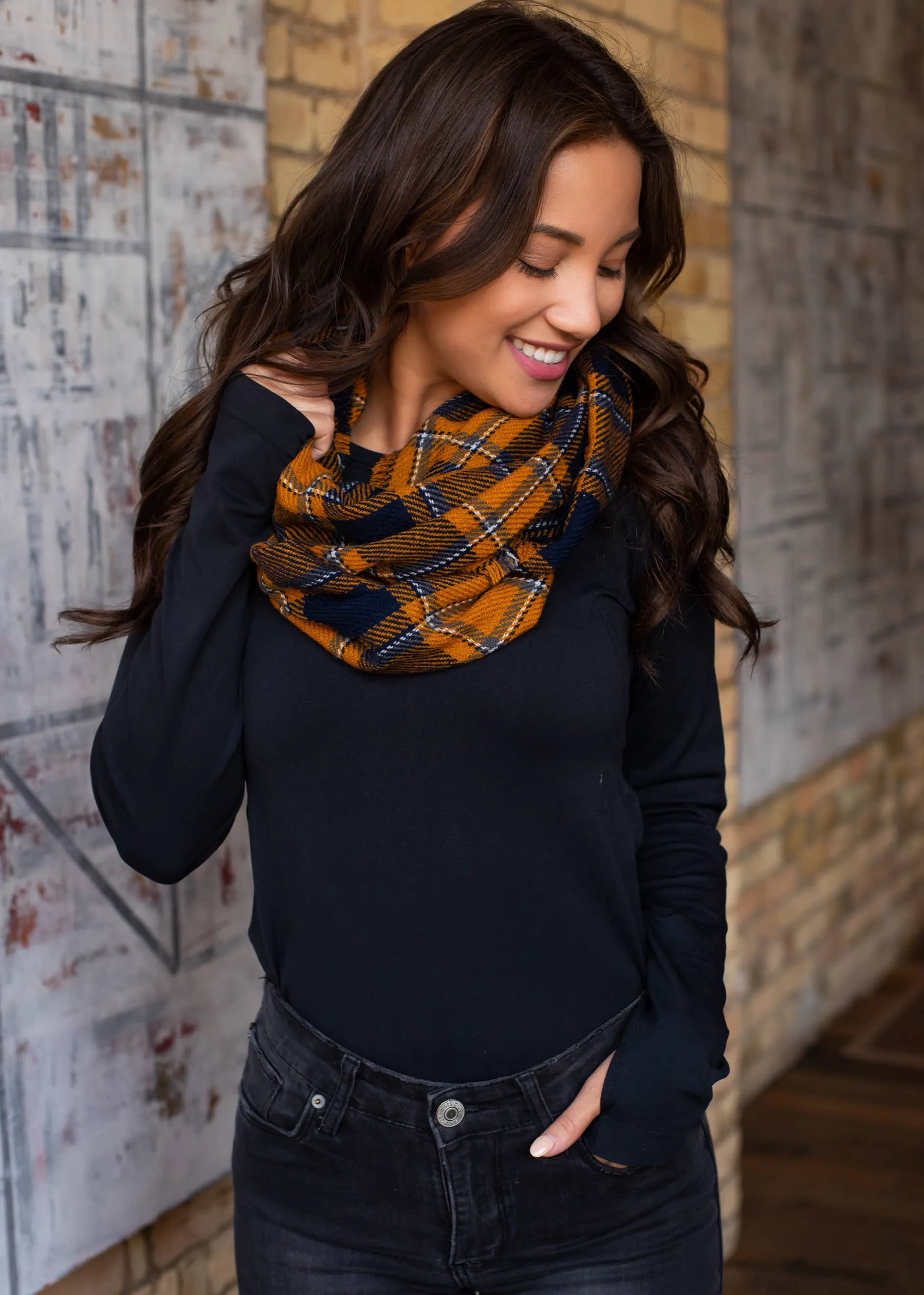 Mustard & Navy Plaid Infinity Scarf