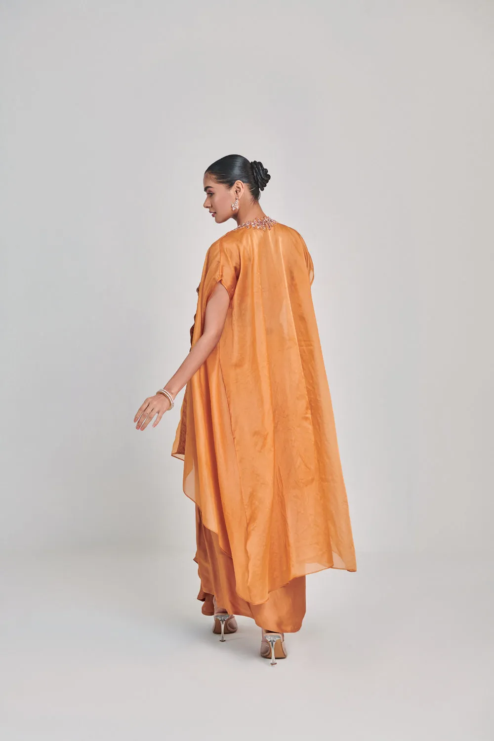 Mustard Cutowork Cape Skirt Set