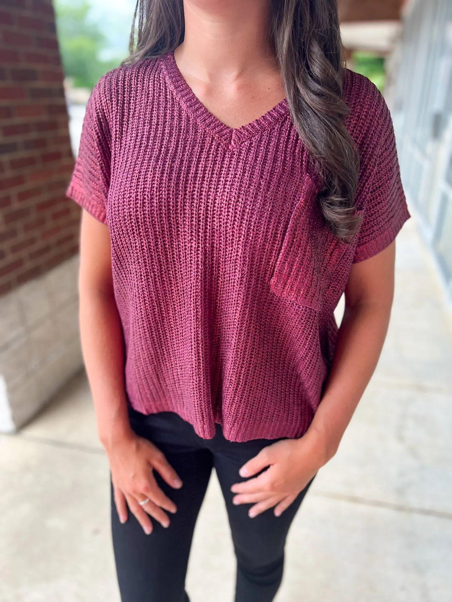 My Time Burgundy Metallic Short Sleeve V-Neck Sweater