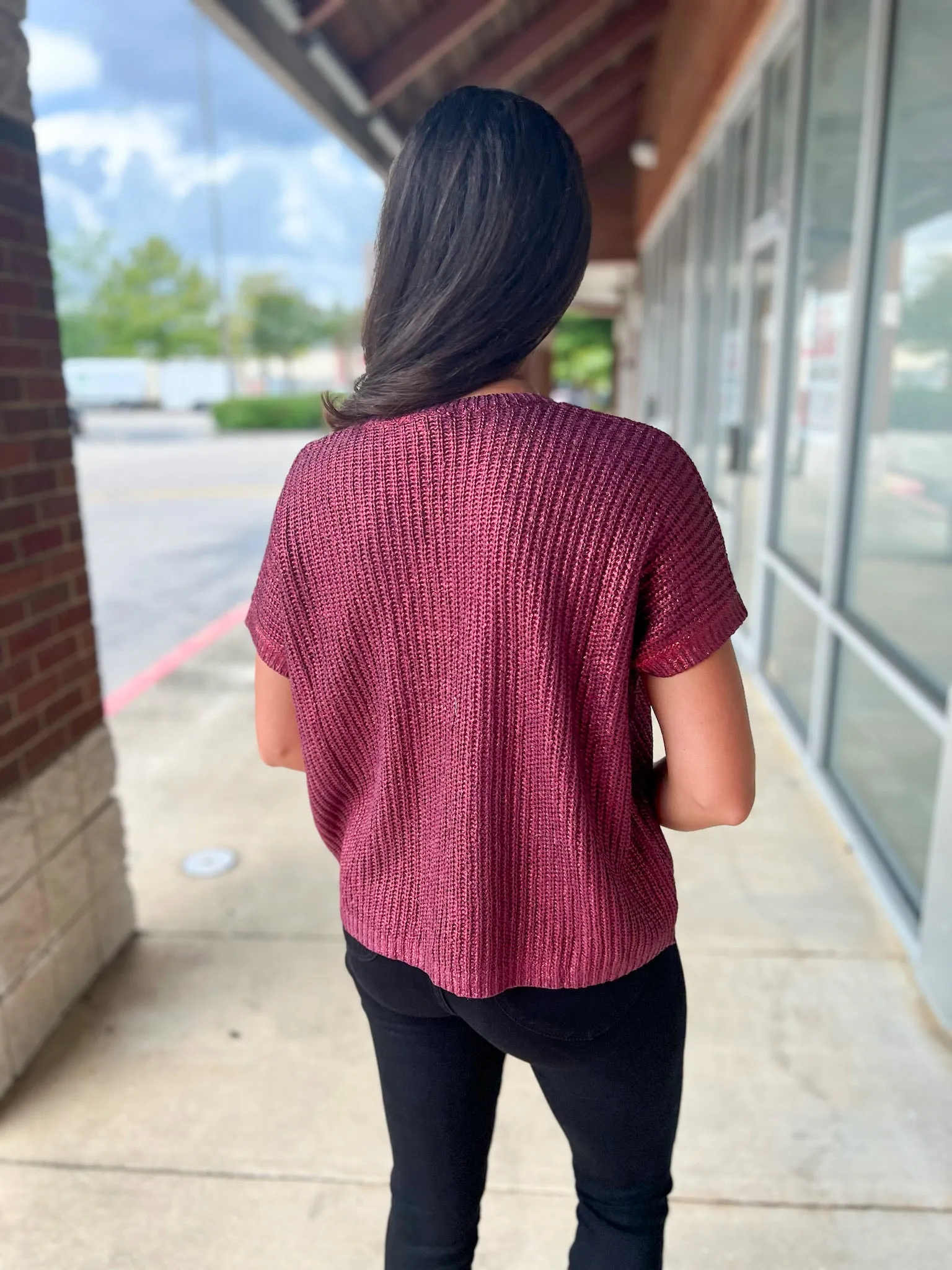 My Time Burgundy Metallic Short Sleeve V-Neck Sweater