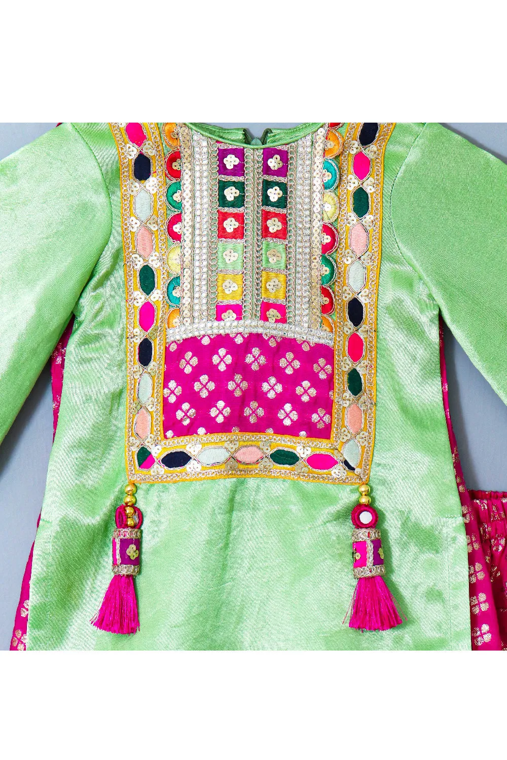Neon Green And Magenta Pink Embroidered Silk Kurta With Salwar Set