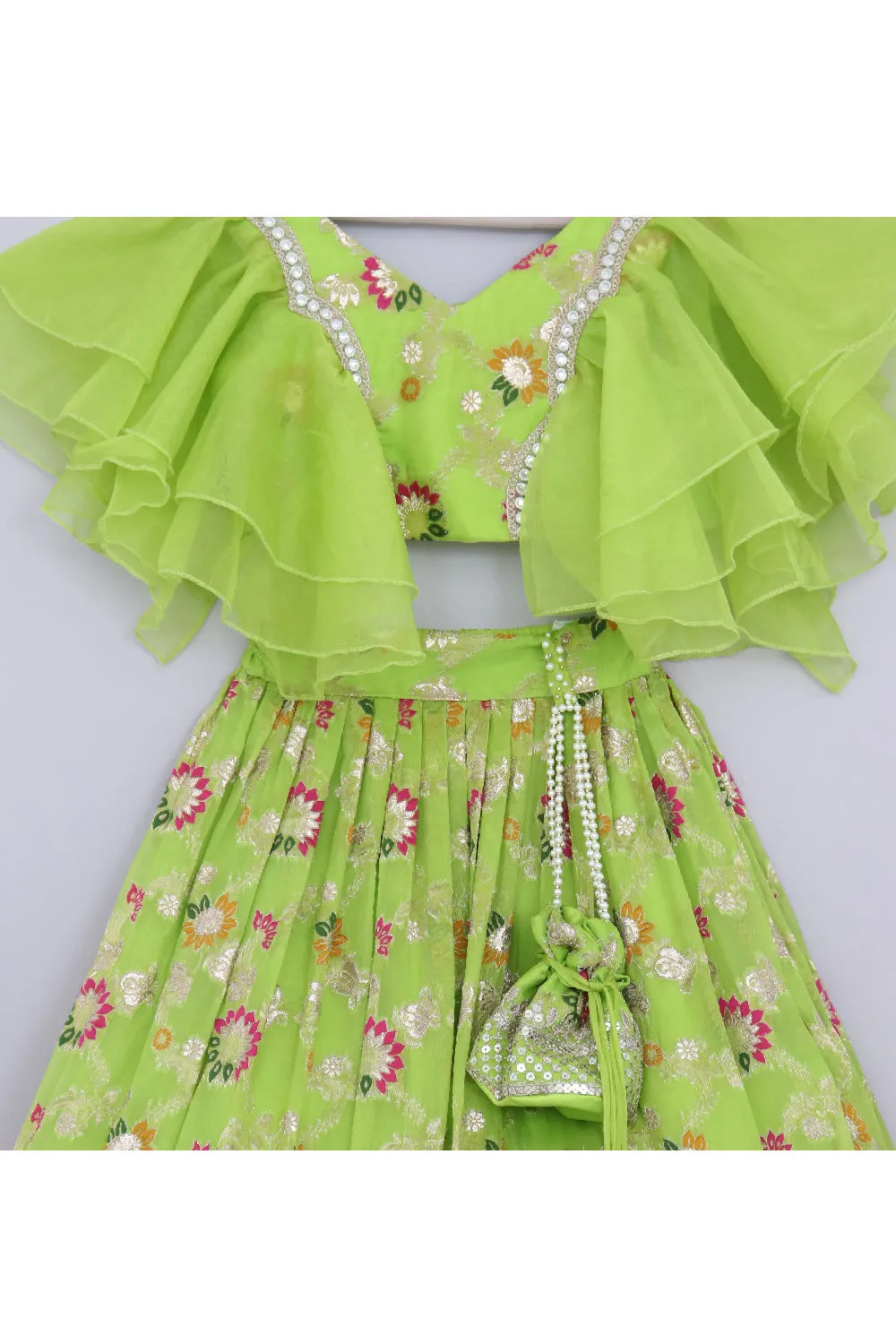Neon Green Floral Embroidered Ruffle Top With Lehenga Set