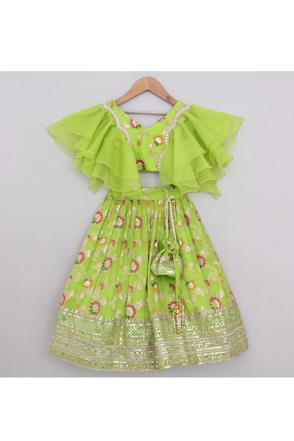 Neon Green Floral Embroidered Ruffle Top With Lehenga Set