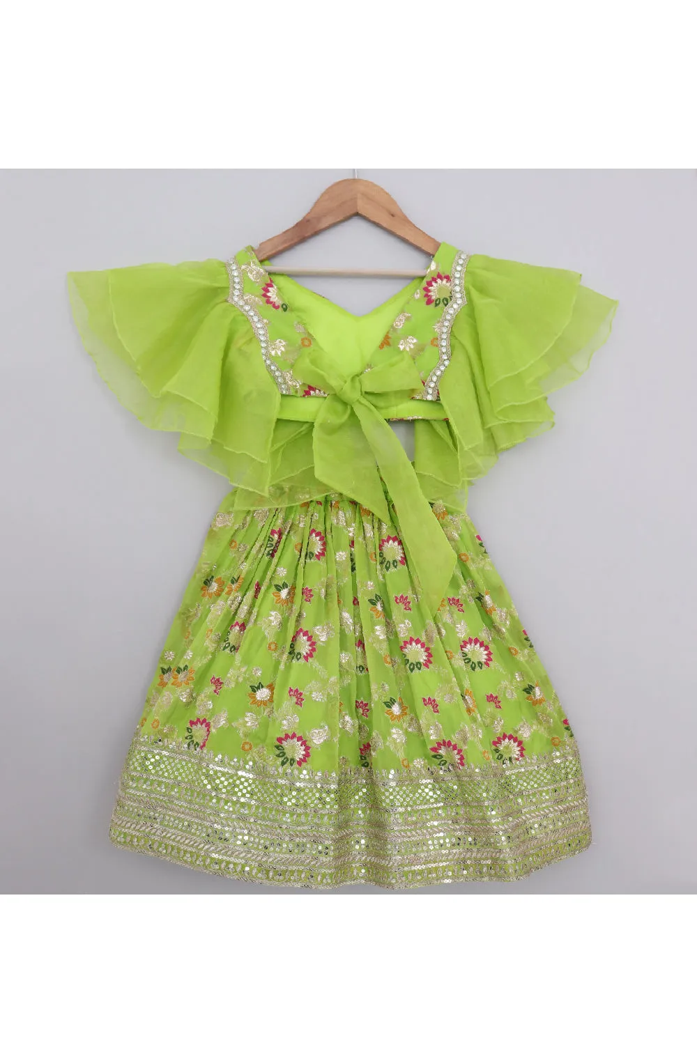 Neon Green Floral Embroidered Ruffle Top With Lehenga Set