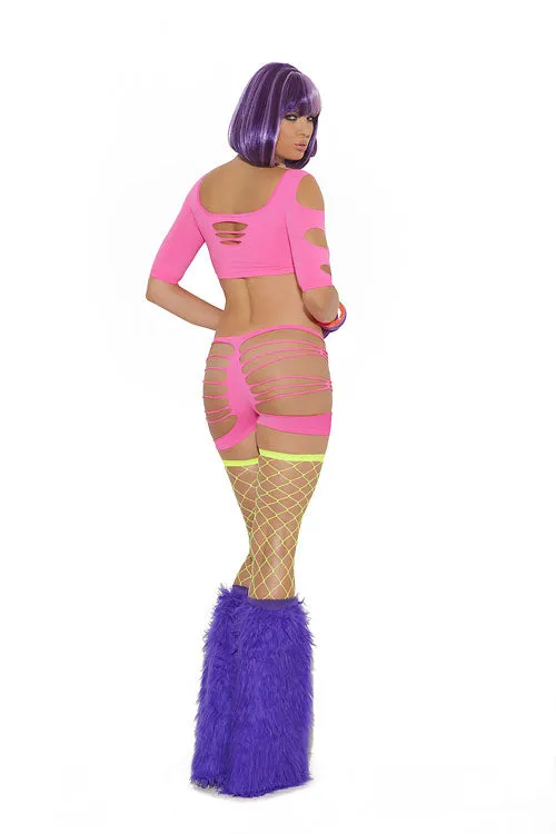 Neon Nites Black-light Shredded 3/4 Sleeve Top and Booty Shorts