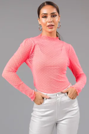 Neon Pink Swiss Dot Long Sleeve Mesh Knit Top