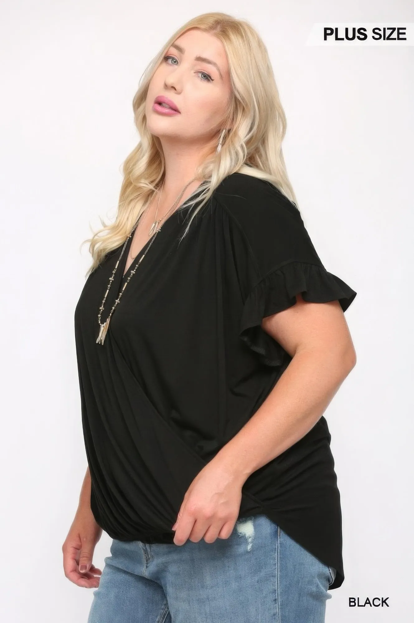 NicholesGifts Plus Size Women Solid Black Knit Surplice Top With Ruffle Sleeve