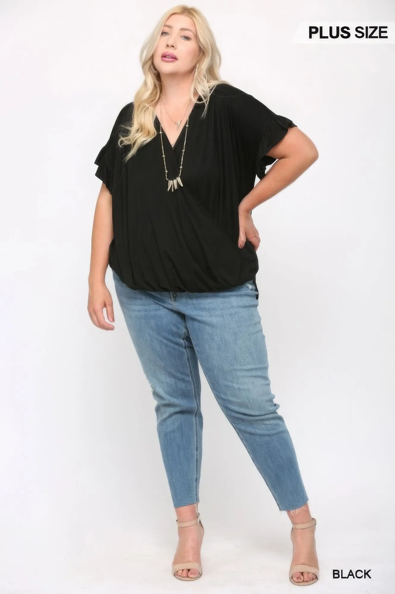 NicholesGifts Plus Size Women Solid Black Knit Surplice Top With Ruffle Sleeve