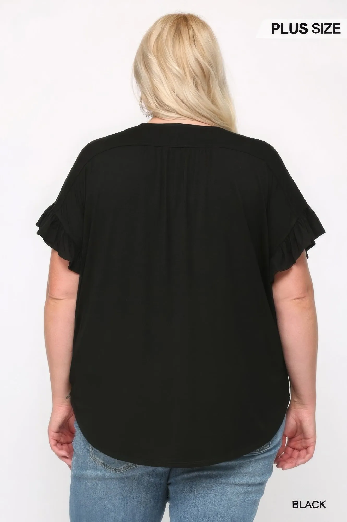 NicholesGifts Plus Size Women Solid Black Knit Surplice Top With Ruffle Sleeve