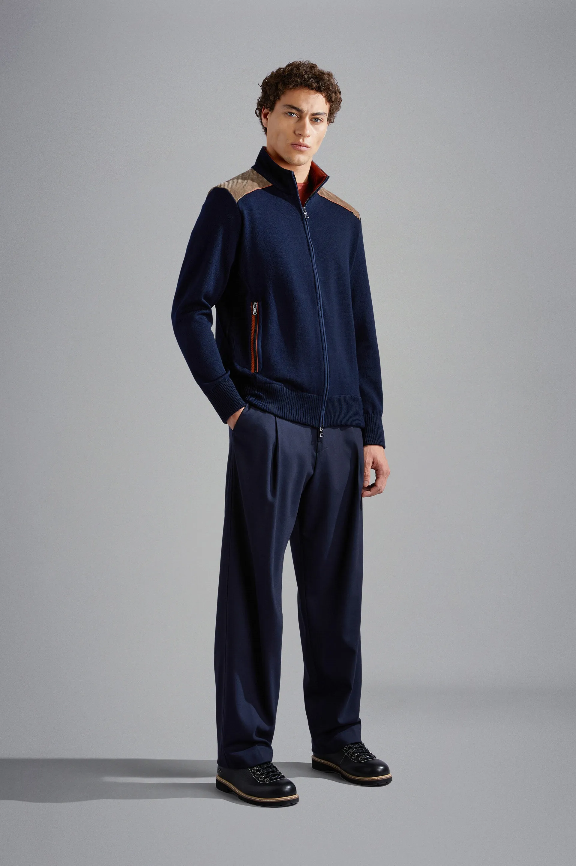 Paul & Shark Corduroy Detail Wool Full Zip Sweater 050 Navy