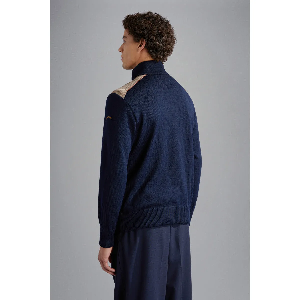 Paul & Shark Corduroy Detail Wool Full Zip Sweater 050 Navy