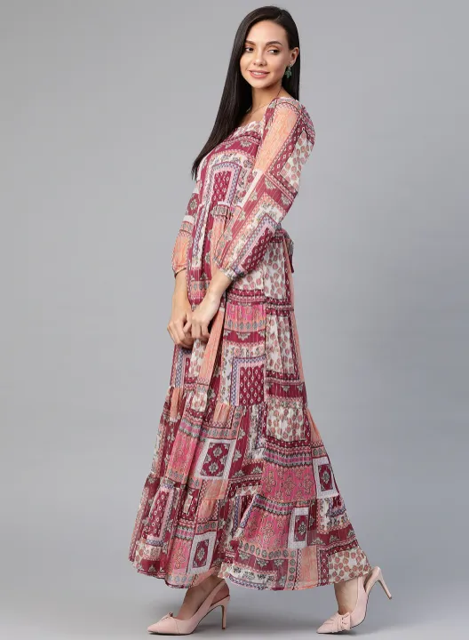 Pink & Peach-Colored Ethnic Motifs Tiered Maxi Dress
