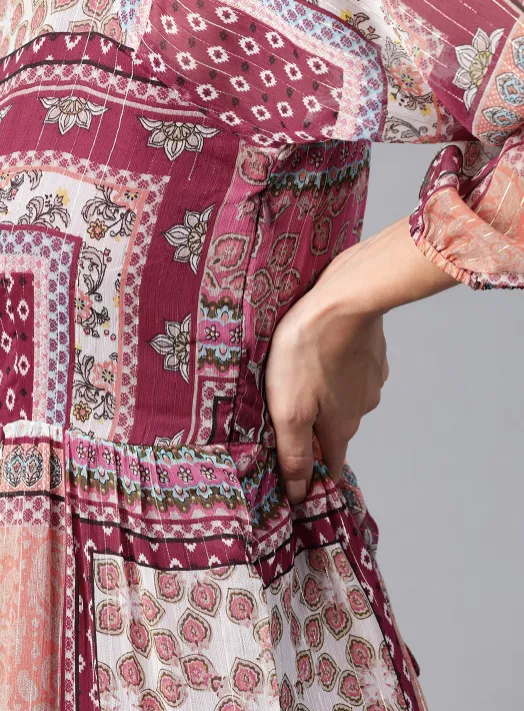 Pink & Peach-Colored Ethnic Motifs Tiered Maxi Dress