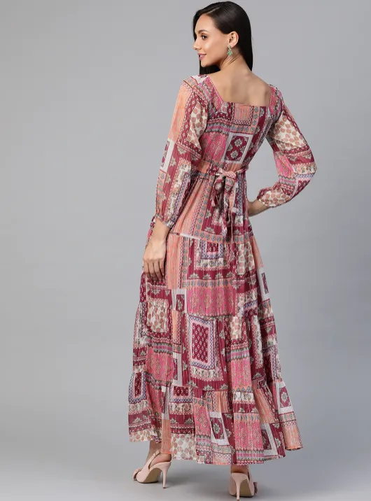 Pink & Peach-Colored Ethnic Motifs Tiered Maxi Dress