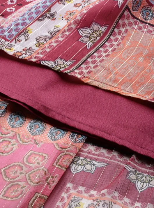 Pink & Peach-Colored Ethnic Motifs Tiered Maxi Dress