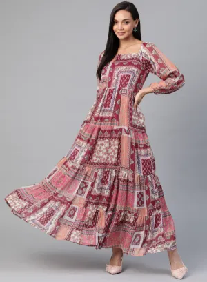 Pink & Peach-Colored Ethnic Motifs Tiered Maxi Dress