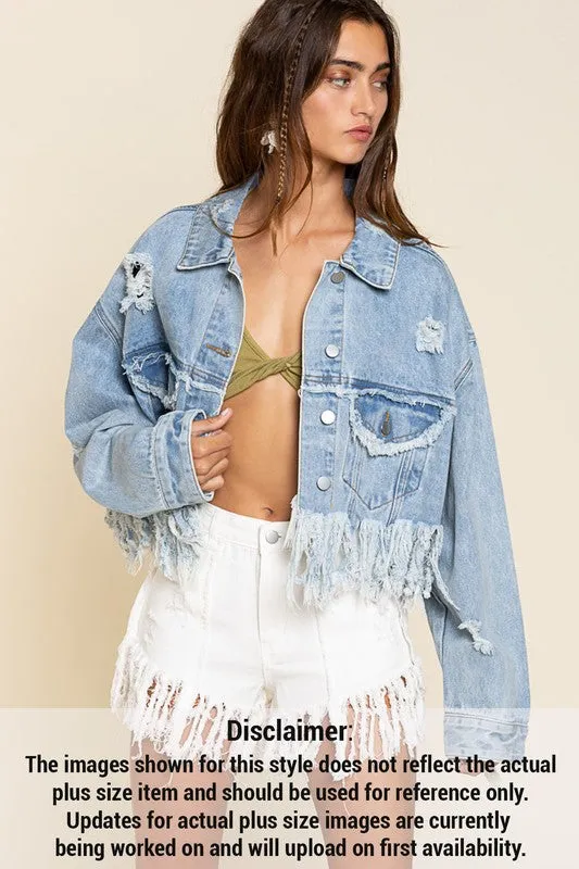 PLUS Fringe-Detailed Cropped Denim Jacket