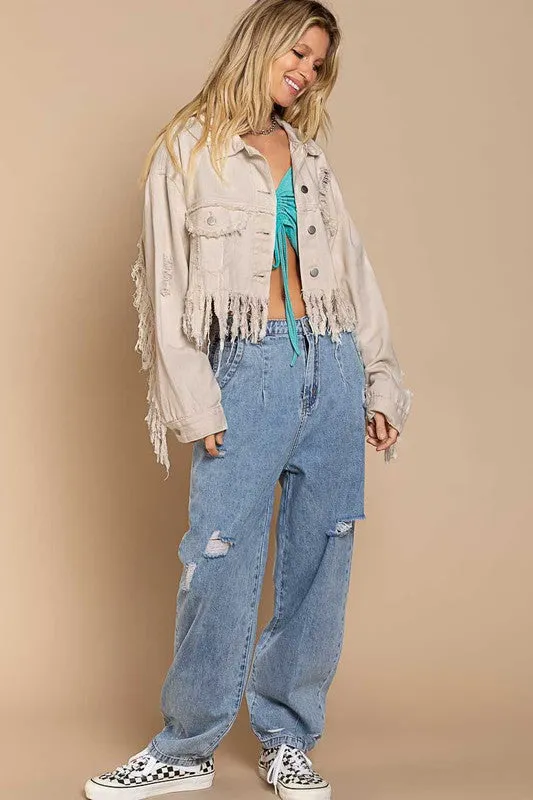 PLUS Fringe-Detailed Cropped Denim Jacket