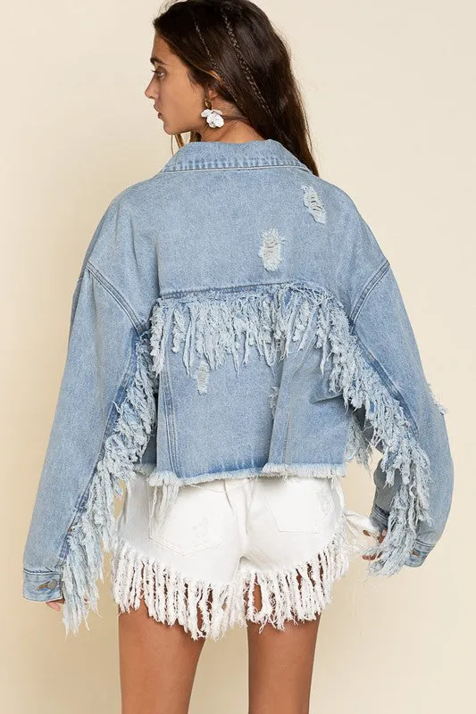 PLUS Fringe-Detailed Cropped Denim Jacket