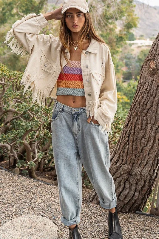 PLUS Fringe-Detailed Cropped Denim Jacket