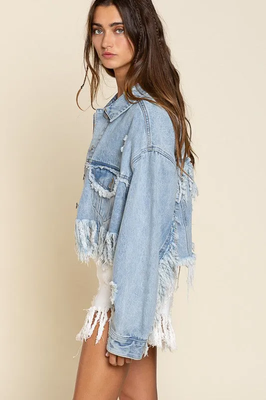 PLUS Fringe-Detailed Cropped Denim Jacket