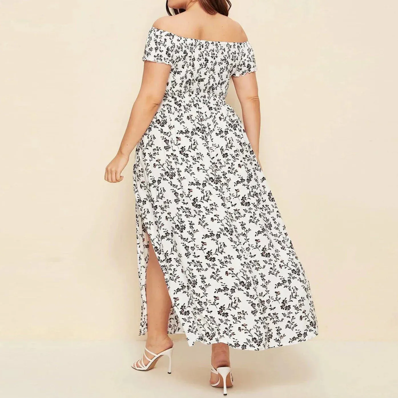Plus Size Off Shoulder Floral Print Side Slit Maxi Dress
