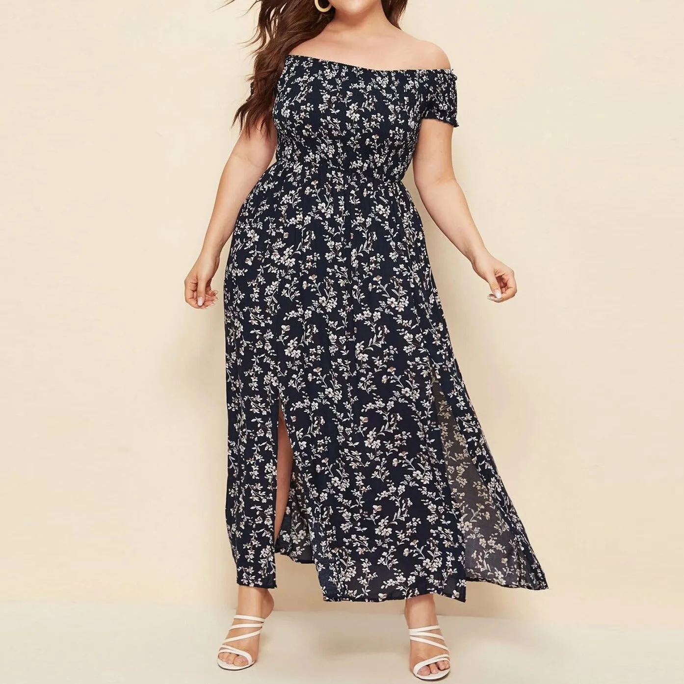 Plus Size Off Shoulder Floral Print Side Slit Maxi Dress