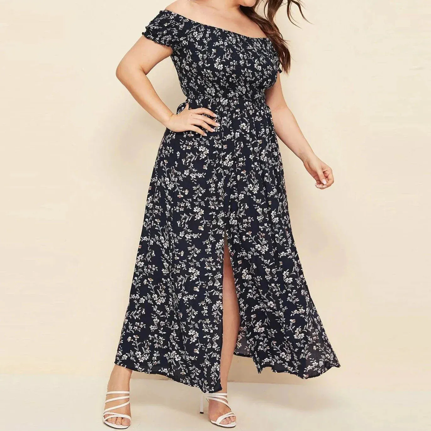 Plus Size Off Shoulder Floral Print Side Slit Maxi Dress