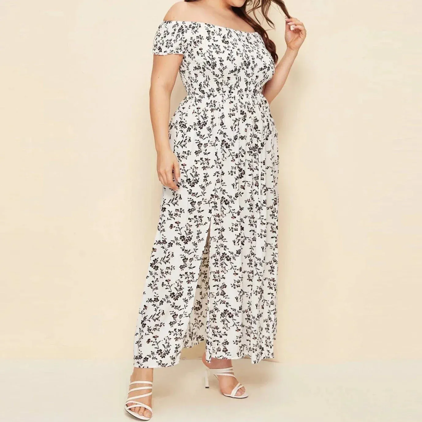 Plus Size Off Shoulder Floral Print Side Slit Maxi Dress