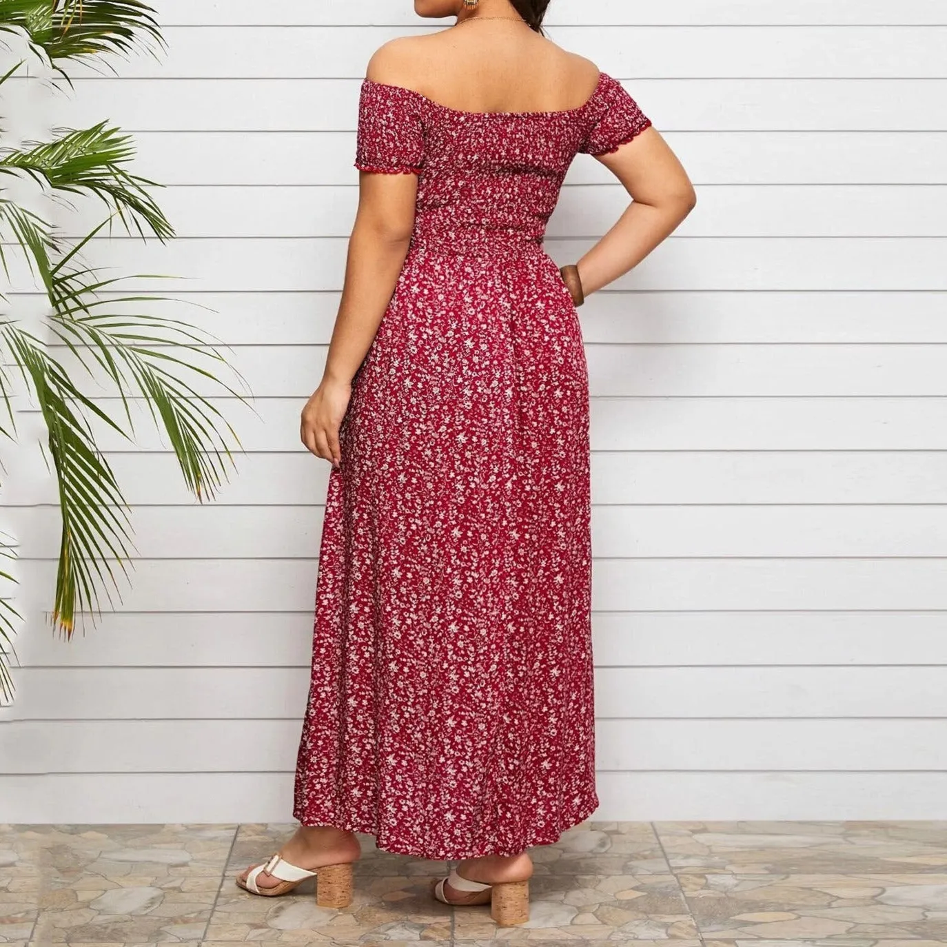 Plus Size Off Shoulder Floral Print Side Slit Maxi Dress