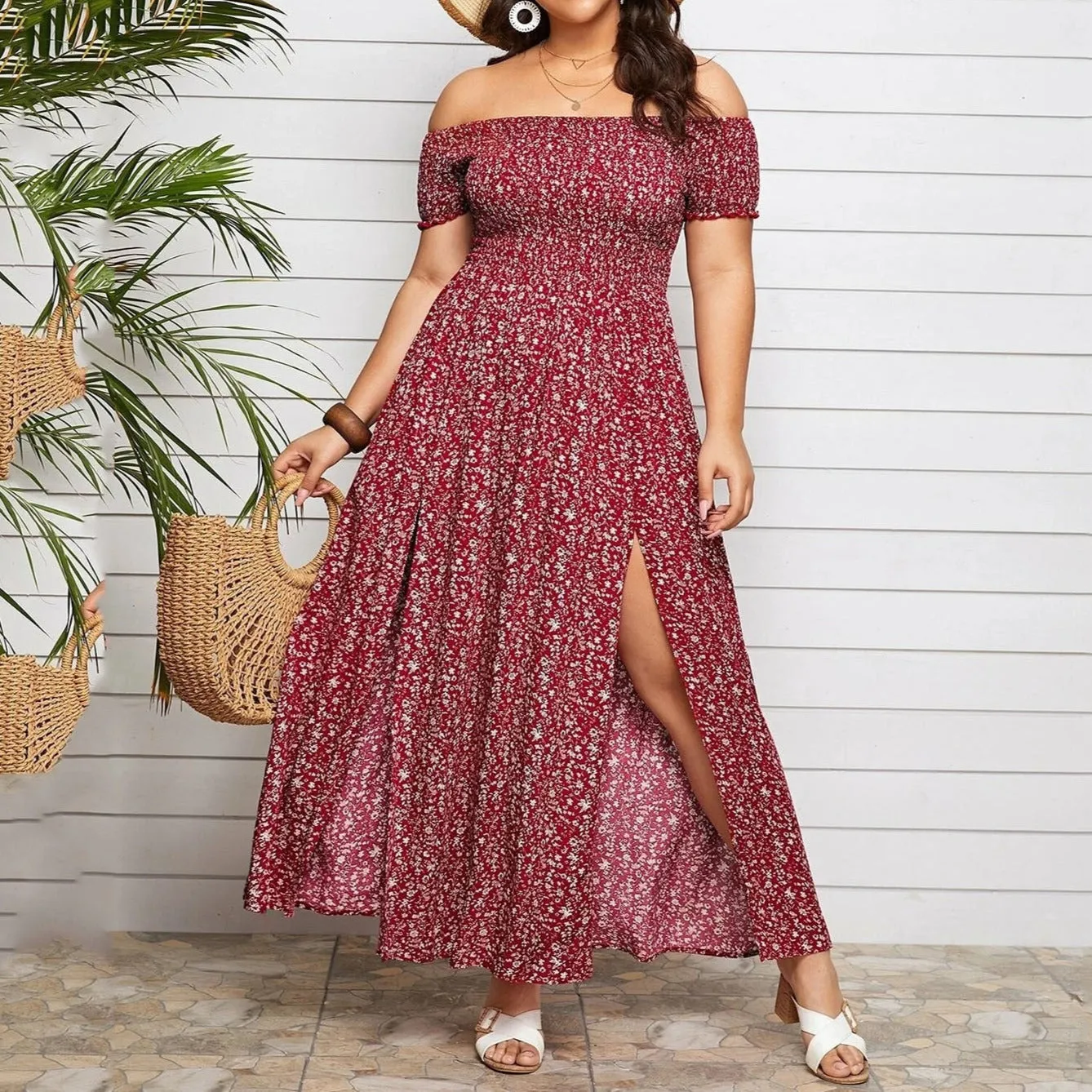 Plus Size Off Shoulder Floral Print Side Slit Maxi Dress