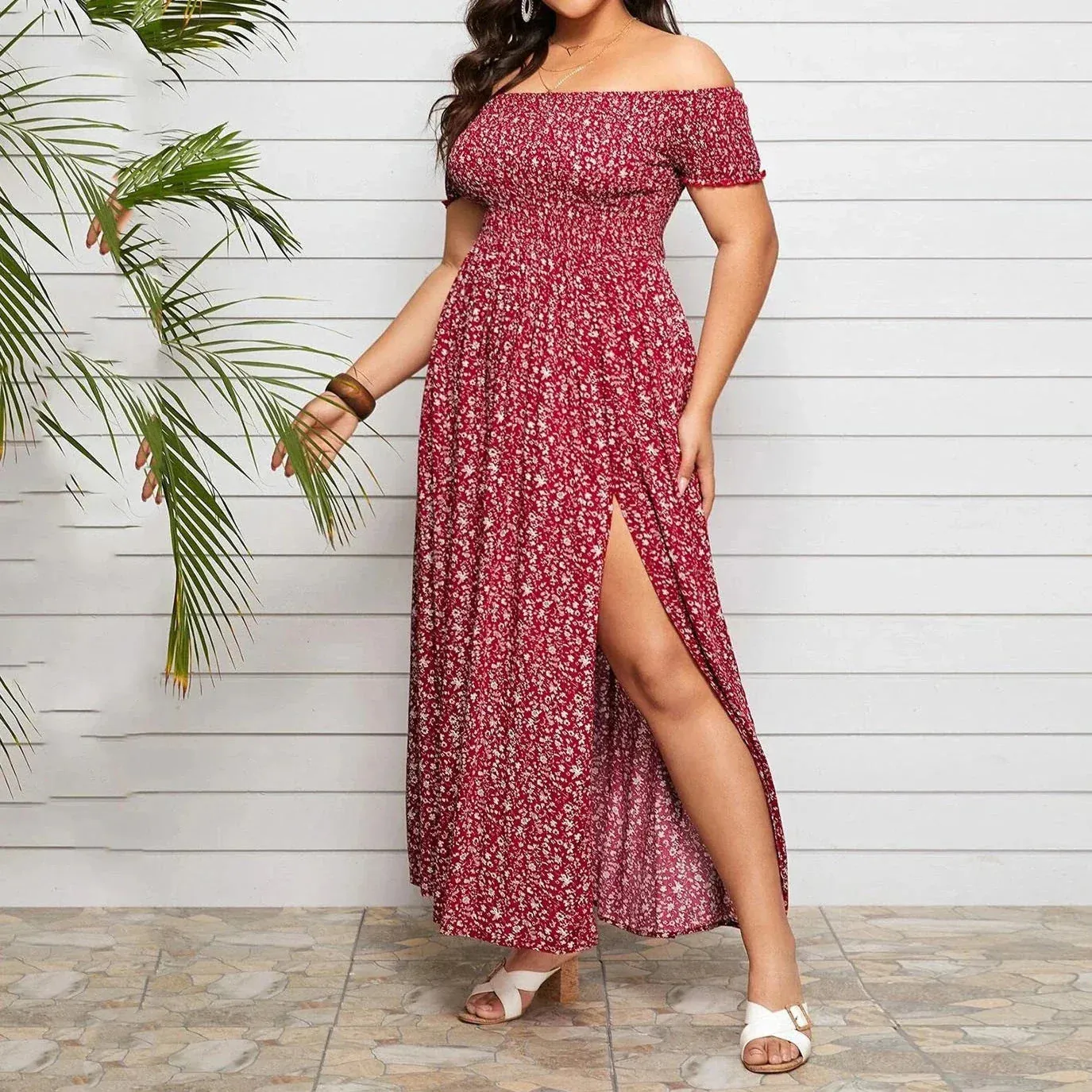 Plus Size Off Shoulder Floral Print Side Slit Maxi Dress