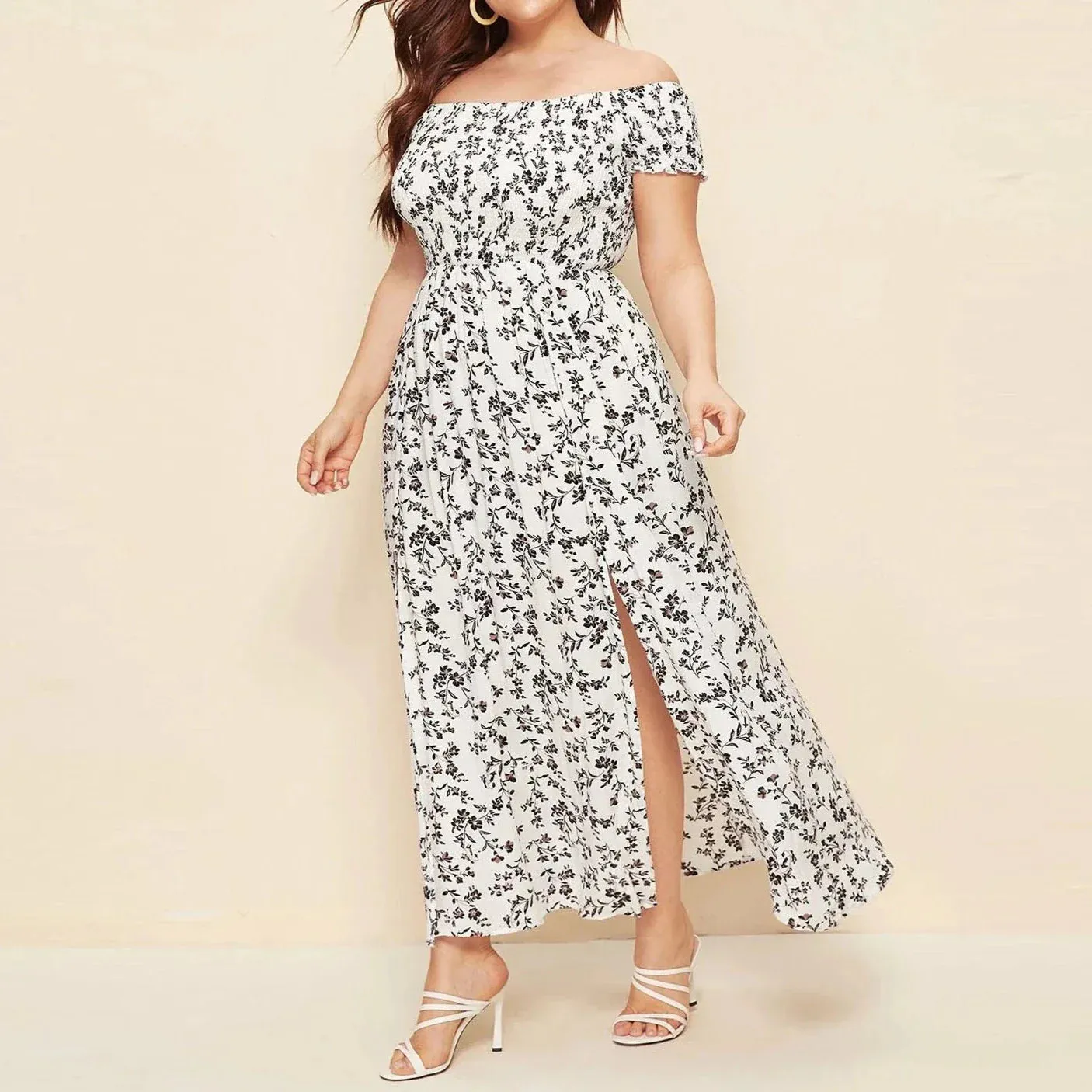 Plus Size Off Shoulder Floral Print Side Slit Maxi Dress