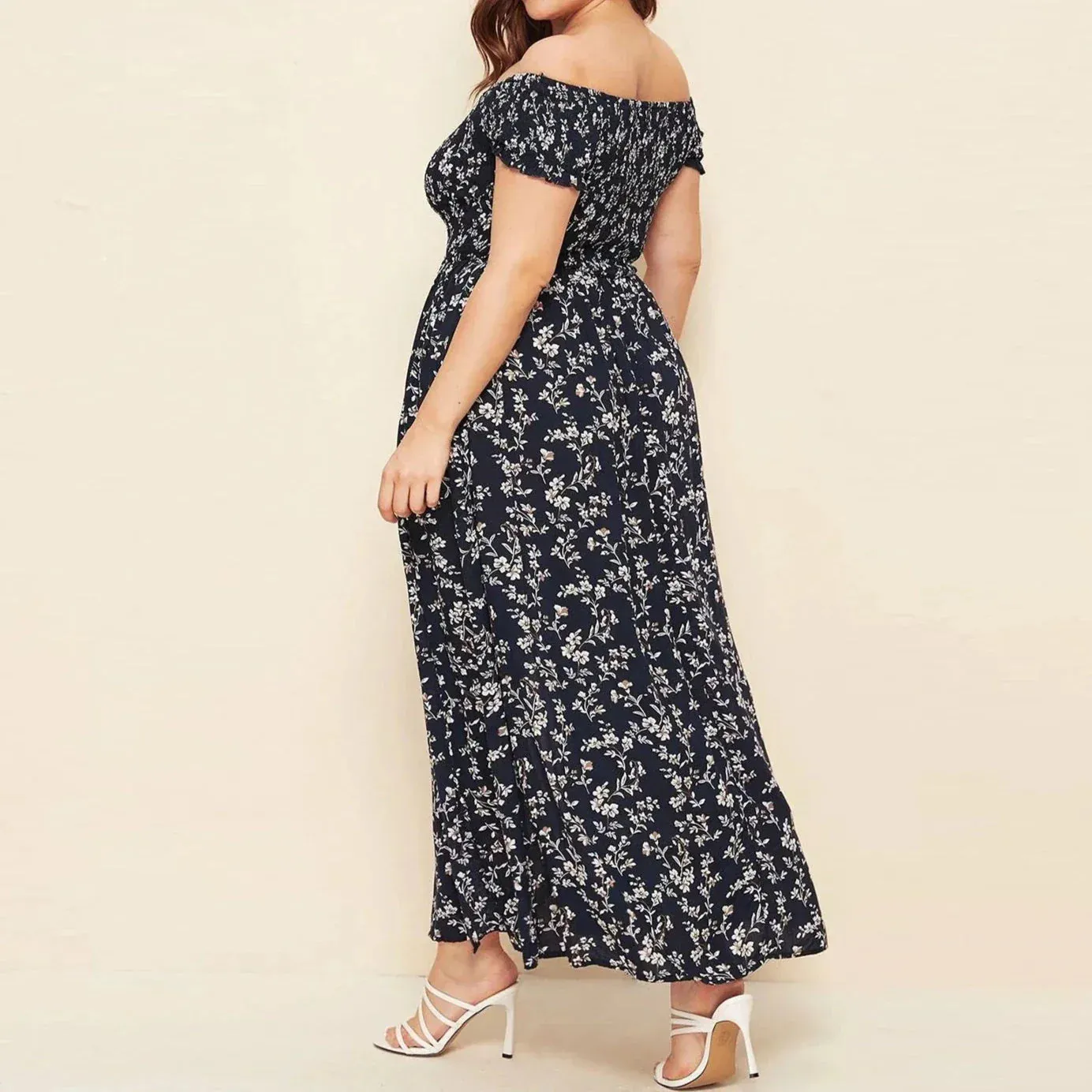Plus Size Off Shoulder Floral Print Side Slit Maxi Dress