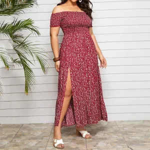 Plus Size Off Shoulder Floral Print Side Slit Maxi Dress