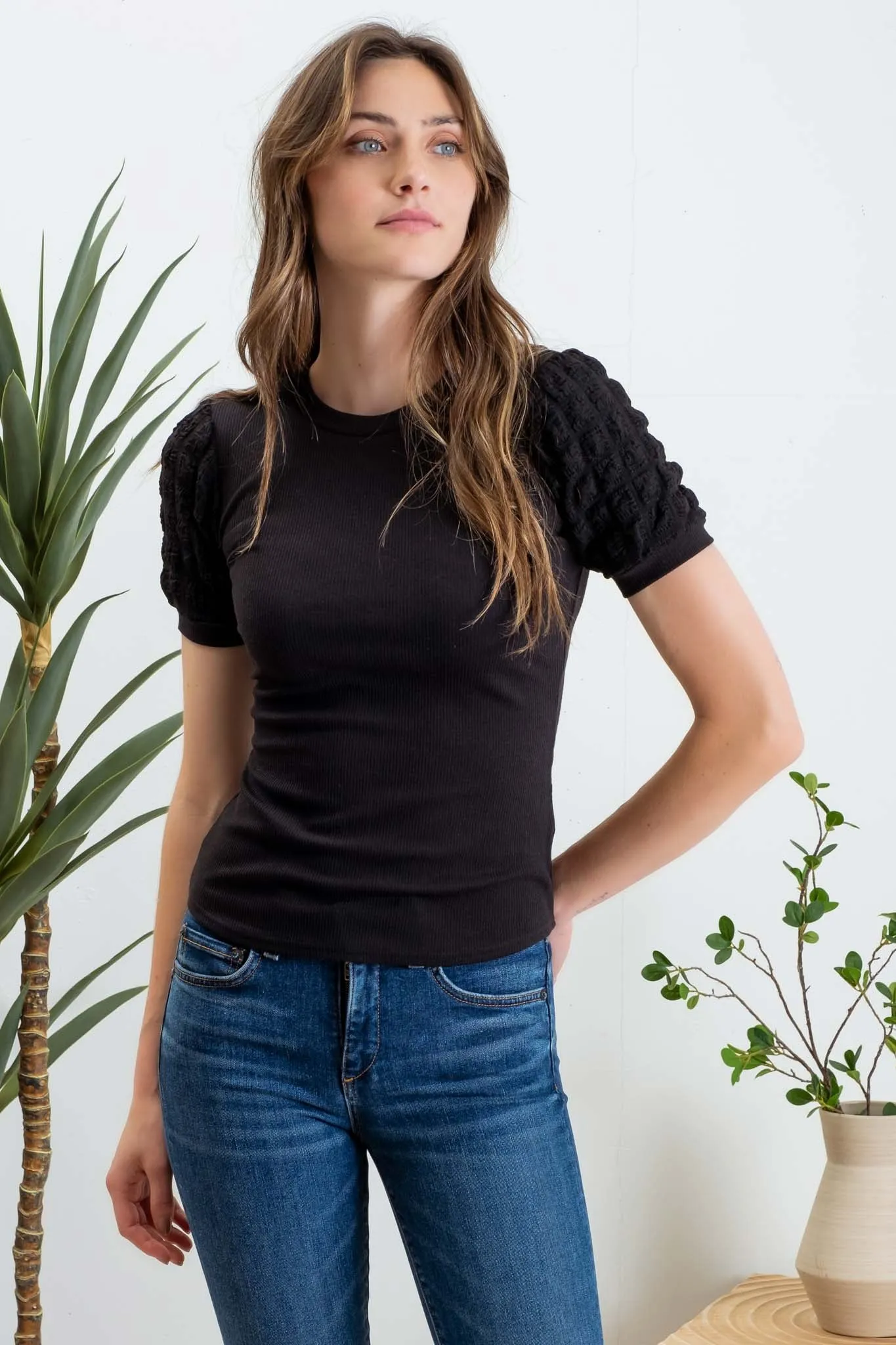 POPCORN SLEEVE KNIT TOP
