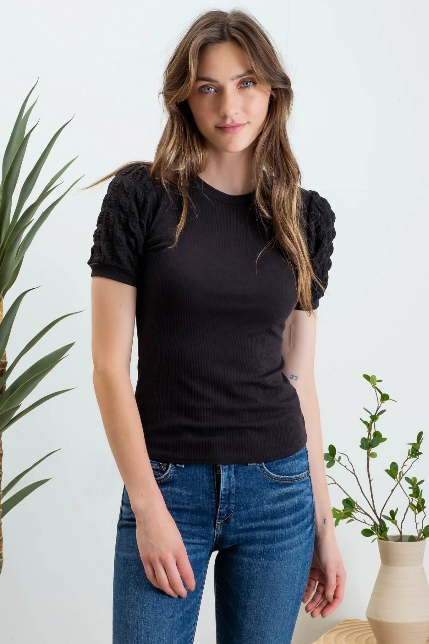 POPCORN SLEEVE KNIT TOP