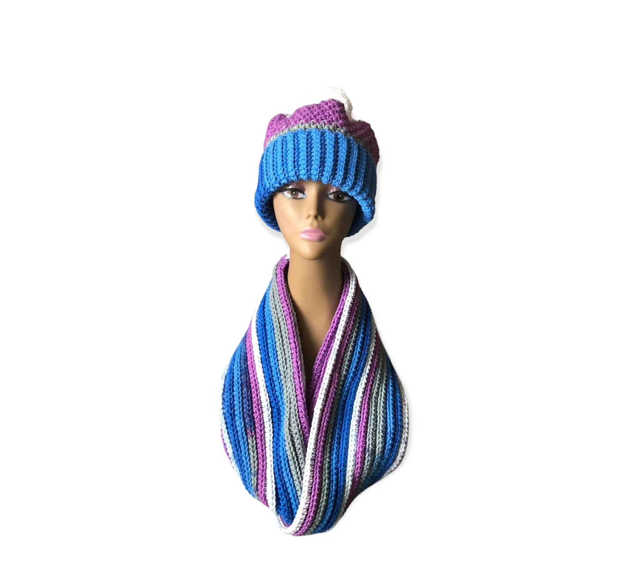 Purple, Blue, White and Gray Beanie with Crochet Pom & Scarf Set