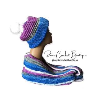 Purple, Blue, White and Gray Beanie with Crochet Pom & Scarf Set