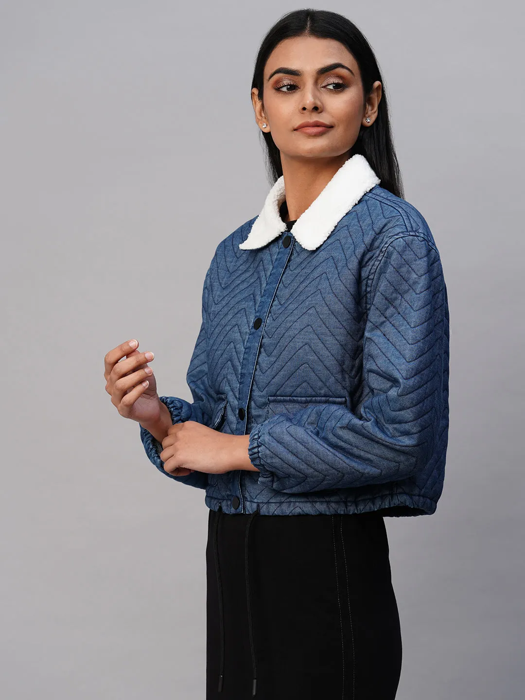 Quilted Denim Lined Bomber W/ Snap Buttons & Sherpa Collar