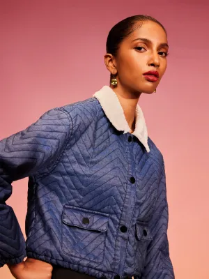 Quilted Denim Lined Bomber W/ Snap Buttons & Sherpa Collar