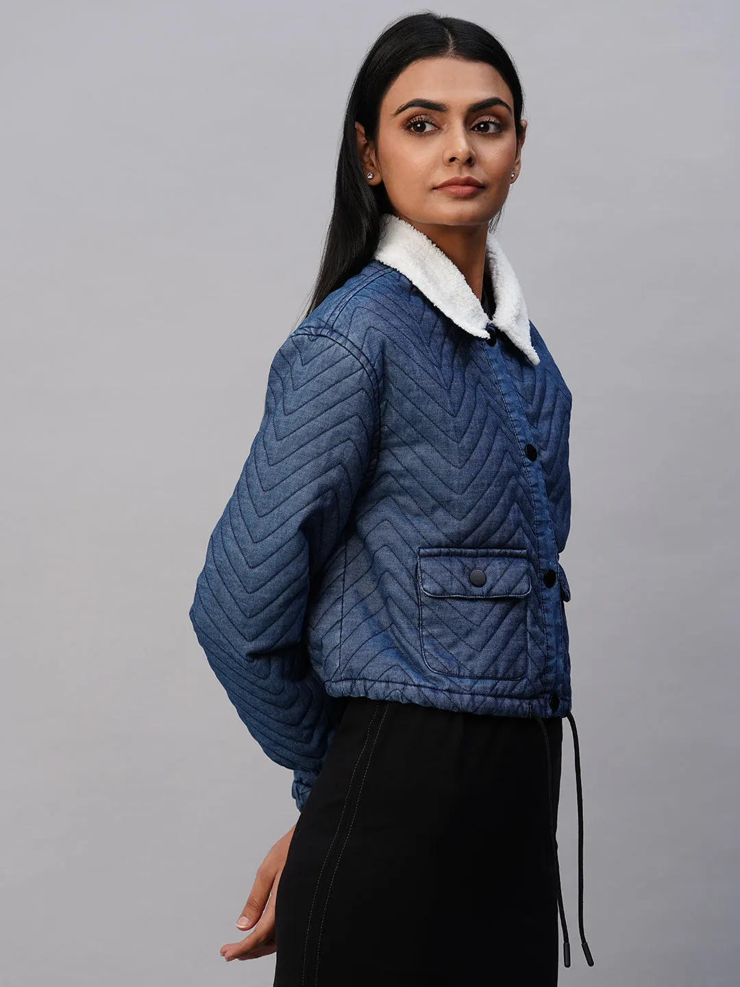 Quilted Denim Lined Bomber W/ Snap Buttons & Sherpa Collar